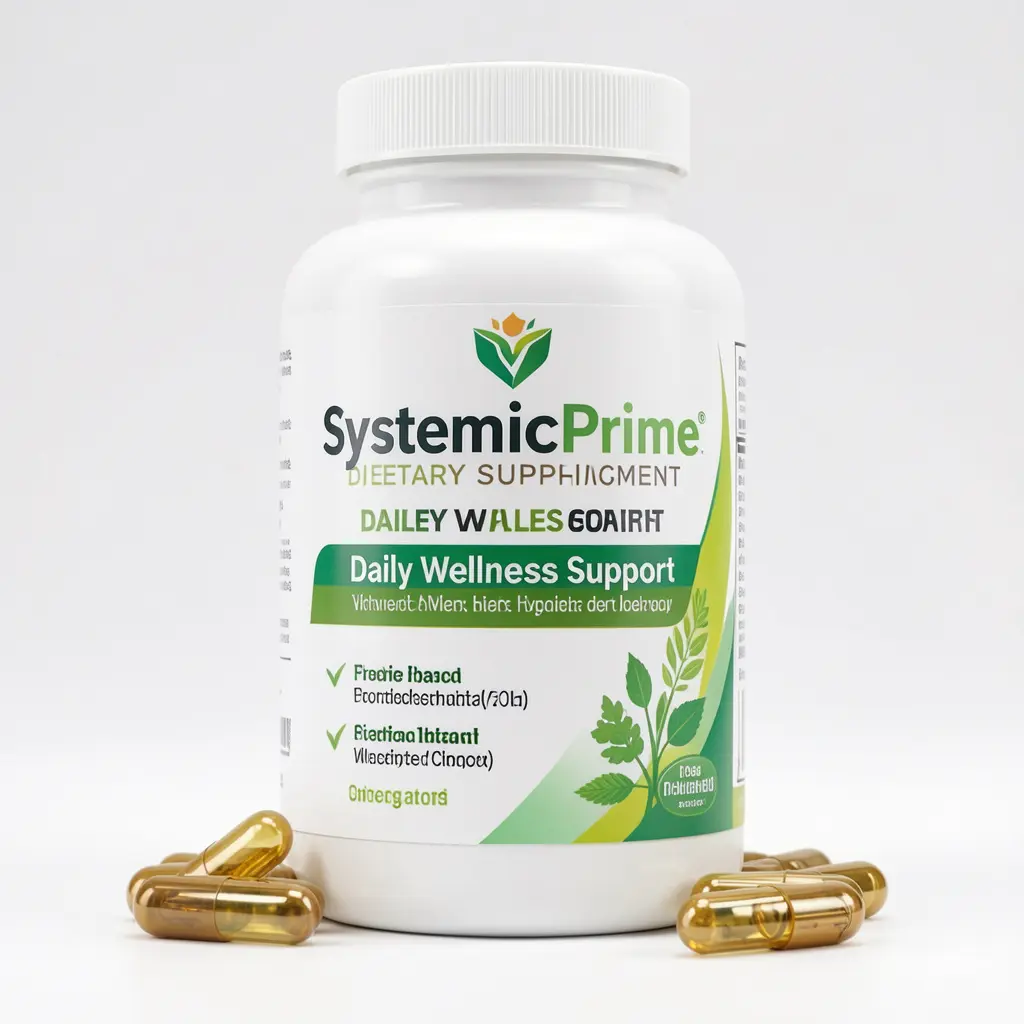 SystemicPrime dietary supplement bottle with capsules for daily wellness support